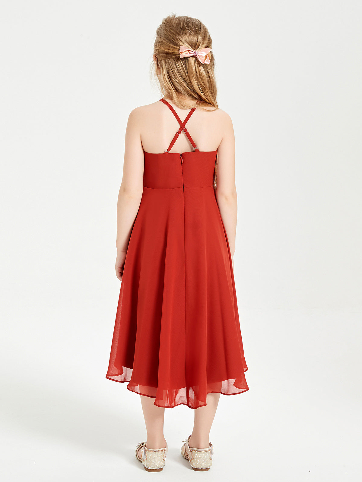 Trendy Tea Length Junior Bridesmaid Dresses Asymmetrical Skirt Rust